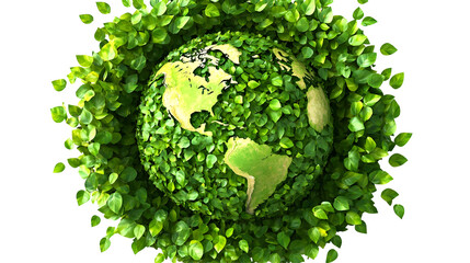 Green Earth Globe Covered in Lush Leaves Isolated on Transparent Background, 3D Rendered, PNG Format.