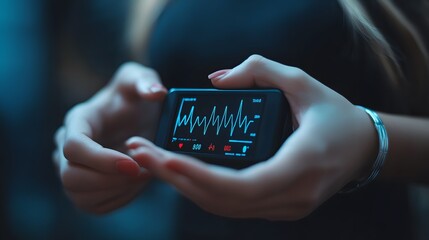 A close-up of a person holding a device displaying a heartbeat graph, symbolizing health monitoring and technology.