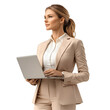 © Kamil - Business woman working on laptop in a beige suit isolated on transparent background
