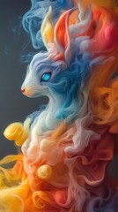 Produce an image featuring a whimsical animal sculpted from swirling, multicolored smoke, mirroring fantastical beings in a dream realm