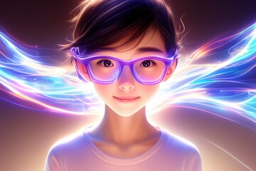 Young Woman with Glasses in a Glowing Light Effect