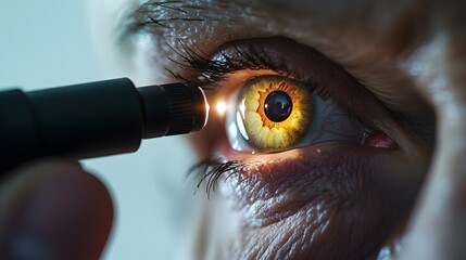 Close-up of an eye examination highlighting detailed iris patterns and light reflection during a medical check-up.