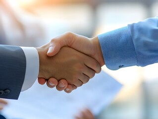 Closeup of two businesspeople shaking hands with documents being exchanged in the background, business trust, sealed deal