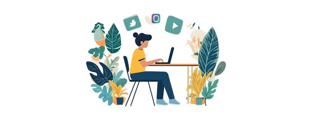 Wall Mural - A man, woman, is sitting at his desk with the laptop screen showing social media on it, a flat design illustration