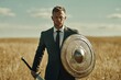 © Vlad - Sword And Shield. Aggressive Businessman with Sword and Shield in Field