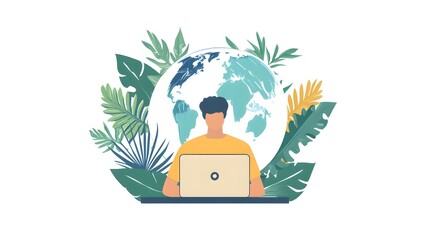 Wall Mural - A man, woman, is sitting at his desk with the laptop screen showing social media on it, a flat design illustration