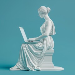 a classical statue of a woman working on a laptop against a vibrant teal background captured in a mo