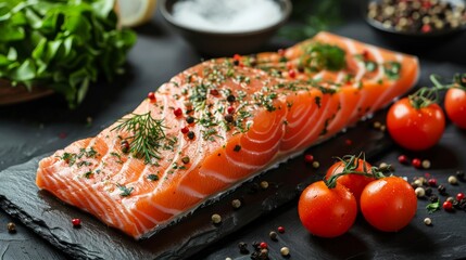 fresh raw salmon fish cooking food seafood salmon fish healthy food black background, salmon salad food salmon fillet with vegetable lettuce leaf tomato herb and spices