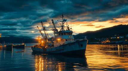 A large boat is sailing in the ocean at sunset. The sky is cloudy and the water is calm