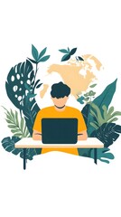 Wall Mural - A man, woman, is sitting at his desk with the laptop screen showing social media on it, a flat design illustration