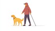 © MetaPixel - Blind individual using a cane alongside a guide dog in a flat design on a white background Emphasizing an active lifestyle and the supportive role of a pet for visually impaired individuals