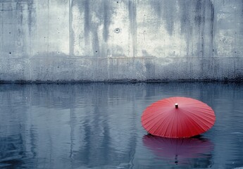 A red umbrella floating on water, with a concrete wall in the background, reflection photography, romantic in style, with a gray and blue color scheme,  creating a nostalgic mood, minimalistic 