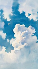 a watercolor painting showcasing a vibrant blue sky dominated by fluffy white clouds