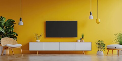 Poster - Sleek TV Cabinet in Modern Interior on Yellow Wall Background