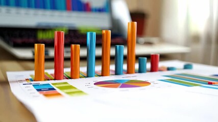 Leinwandbilder - A collection of colorful bar graphs and pie charts on a workspace table showcases data analysis, emphasizing trends and comparisons in informative visuals.