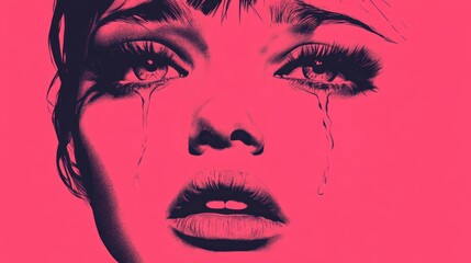 Emotional Portrait of a Woman with Tears and Pink Background