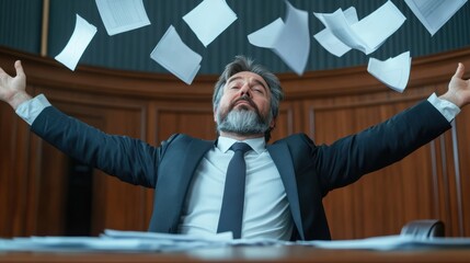 Poster - A man in a suit and tie with papers flying around him, AI