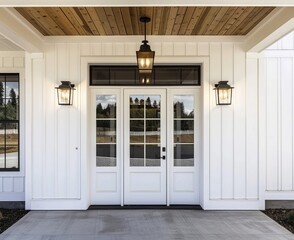 modern farmhouse front door with white vertical board and black windows, gray concrete floor, wooden ceiling with two wall sconces