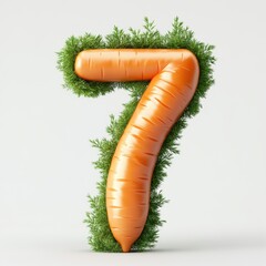 3D number 7 with carrot texture realistic modern design, soft lighting, white background.