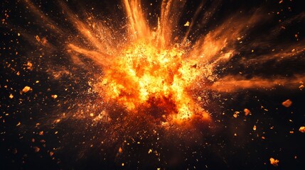 Wall Mural - A powerful explosion with fiery debris on a black background.