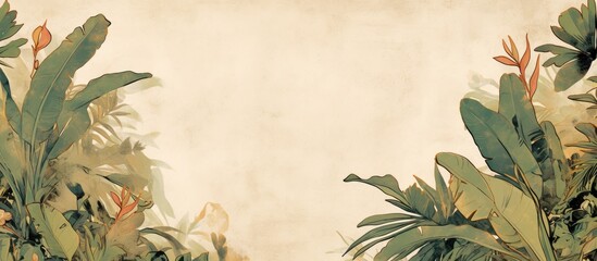 Tropical plants and floral leaves artwork featured on a textured background designed for photo wallpapers