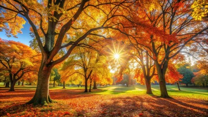 Warm sunlight shining through colorful autumn trees in a peaceful park setting