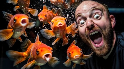 A man shows excitement as he engages with playful goldfish swimming around him in an aquarium, creating a lively and entertaining atmosphere during the visit