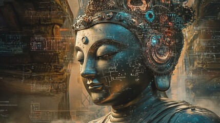 Close up of a Buddha statue with a futuristic digital overlay.