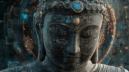 Sticker - Close up of a futuristic Buddha statue with digital overlay.