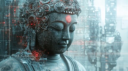 Sticker - Close up of a futuristic buddha sculpture with detailed gears and circuits.