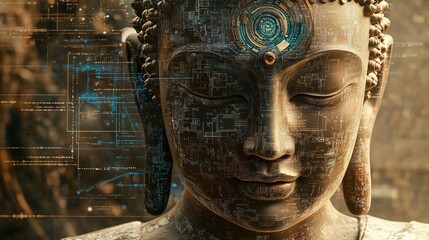 Wall Mural - Close up of a serene Buddha statue with a futuristic, digital overlay of glowing blue lines and geometric patterns.