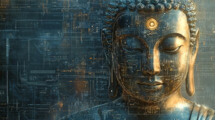 Sticker - Close up of Buddha statue with futuristic digital overlay.