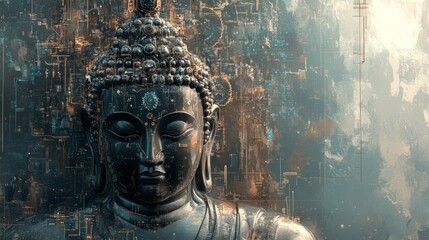 Wall Mural - Close-up of a Buddha statue with digital overlay.