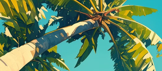 Wall Mural - Artwork depicting two tropical coconut palm trees with large green leaf canopies against a backdrop of a clear blue sky