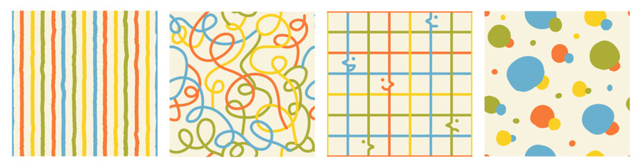 Wall Mural - colorful seamless pattern set of hand drawn curved checkered lines, circle and strip. trendy design 