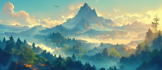 Wall Mural - Painting of a stunning mountain landscape shrouded in morning fog showcasing the beauty of nature