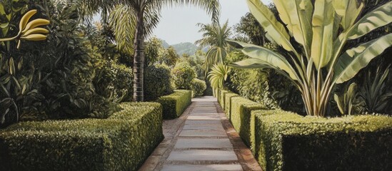 Wall Mural - Painting depicting a focused view of a pathway flanked by hedges and trees featuring a banana tree on one side