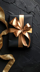 Wall Mural - Elegant black gift box with gold ribbon and bow on dark textured background. Concept of luxurious gifts, celebratory occasions, holiday presents. Vertical