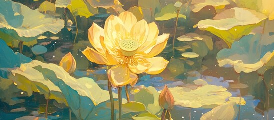 Wall Mural - Close up painting of a yellow lotus flower after rain on a beautifully designed garden pond