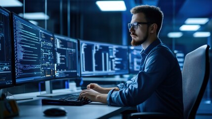 A software developer is intensely focused on coding late at night, working in a dimly lit modern office filled with multiple screens showing lines of code and programming languages