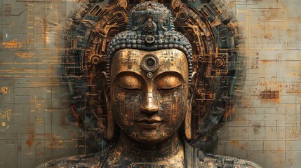 Wall Mural - Digital art of a metallic Buddha with a technological background.