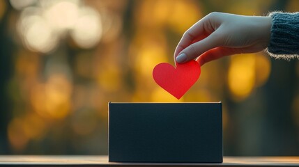 A hand gently places a vibrant red paper heart into a dark box, symbolizing love, care, and emotional investment against a soft, warm bokeh background.