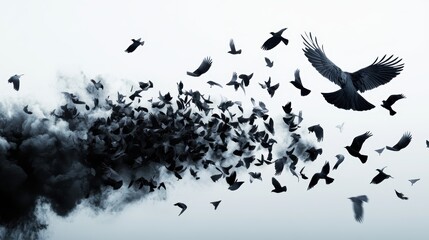 A flock of birds taking flight, with a flurry of feathers and a powerful sound.