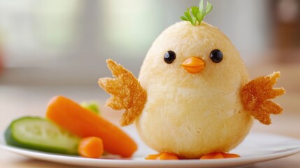 Sticker - A small stuffed bird sitting on a plate with vegetables, AI