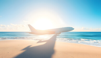 Wall Mural - Travel concept with airplane shadow and beach isolated with white highlights, png