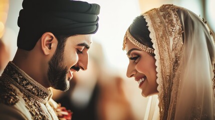 A joyful couple shares a tender moment, showcasing intricate wedding attire and traditional accessories in a beautifully lit setting.