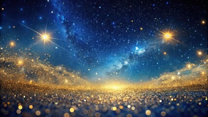 Cosmic background with sparkling golden glitter in dark blue sky galaxy universe