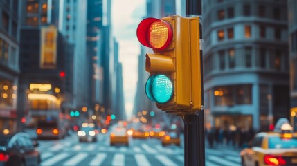 Aufkleber - A modern traffic light pole at an urban crosswalk, with visible pedestrian signals and clear traffic light colors in a busy street setting.