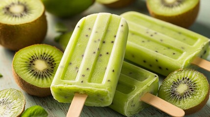 Refreshing homemade kiwi popsicles surrounded by fresh kiwi fruit slices, offering a tantalizing glimpse of a cool, healthy summer treat on wooden sticks.