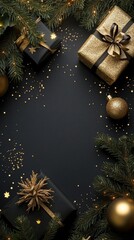 Wall Mural - Festive Christmas composition with elegant gold and black gifts, pine branches, and shimmering ornaments on dark background with glittering stars.